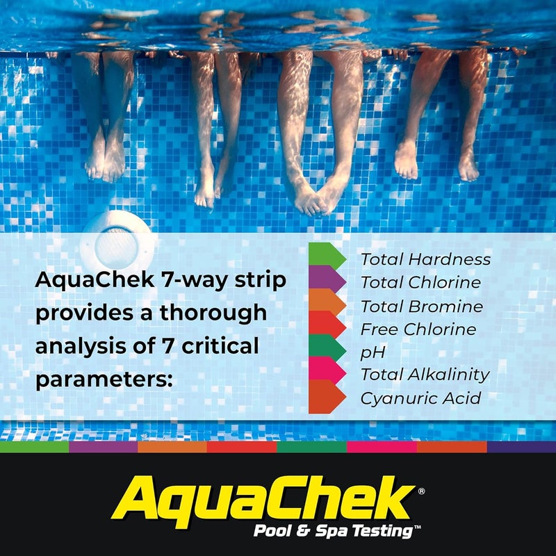 AquaChek شرائط اختبار حمام السباحة والسبا 7 طرق - شرائط اختبار حمام السباحة الفضية لقياس الحموضة، الكلور الكلي، الكلور الحر، البروم، القلوية، الصلابة الكلية، وحمض السيانوريك - مجموعة اختبار جودة المياه (100 شريط) - Image 5